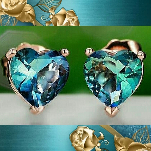 18K Gold Aquamarine Heart Earrings - Picture 2 of 2